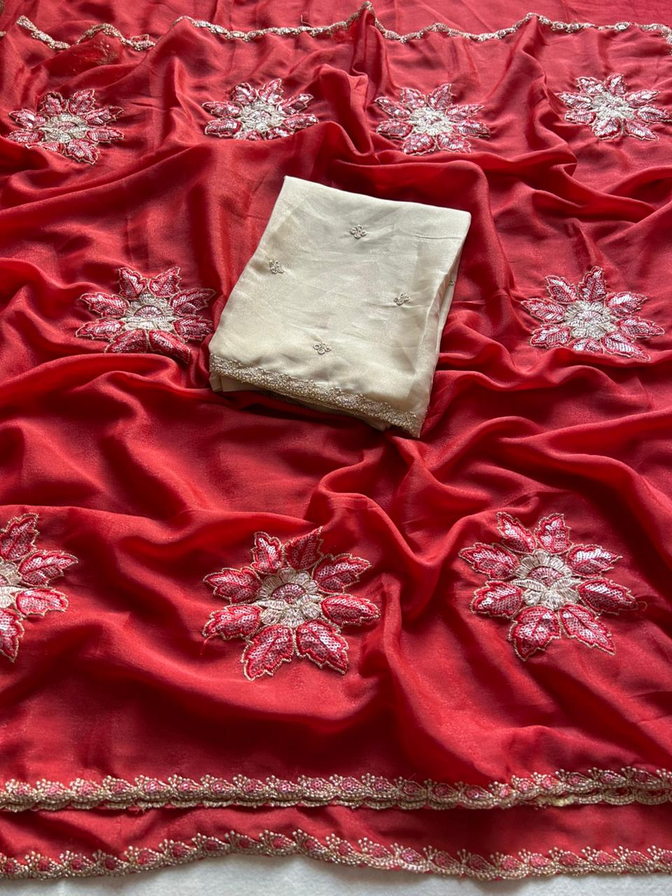 Opulent Party Wear Soft Rangoli Silk Embroidery Thread Work Designer Saree With Contrast Blouse Piece