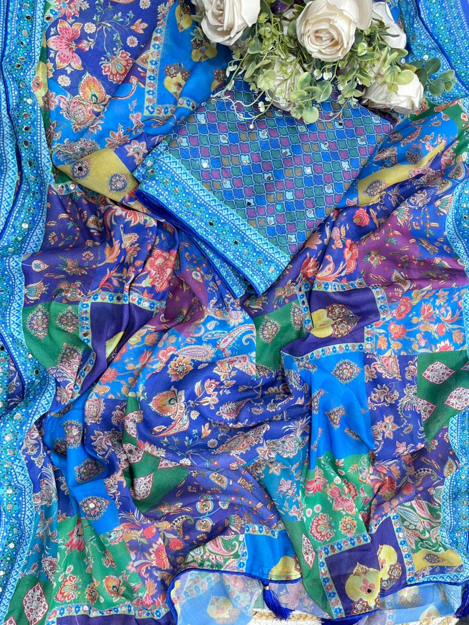 Scrupulous Function Wear Silk Floral Print Original Mirror Work Designer Saree For Women