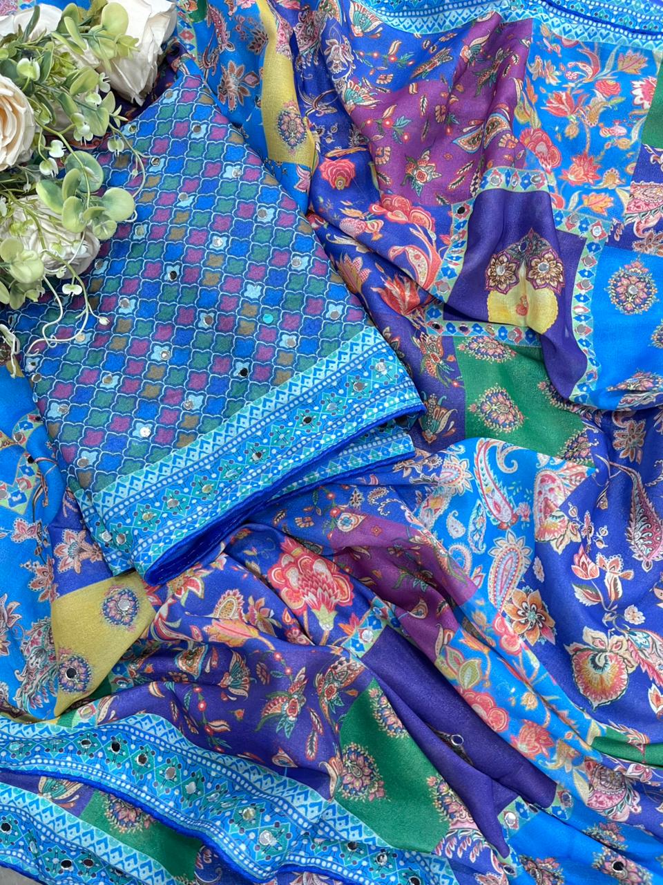 Scrupulous Function Wear Silk Floral Print Original Mirror Work Designer Saree For Women