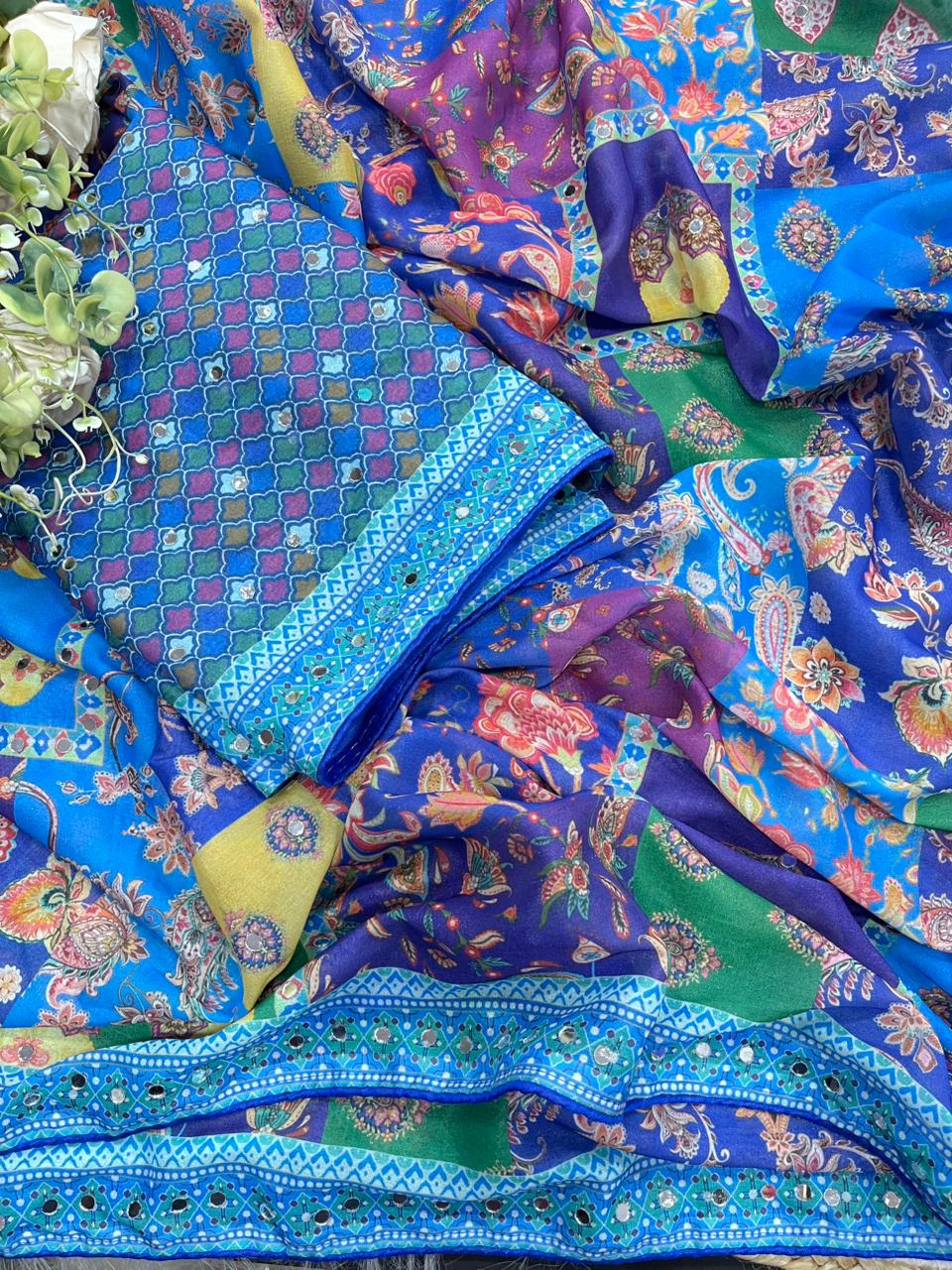 Scrupulous Function Wear Silk Floral Print Original Mirror Work Designer Saree For Women