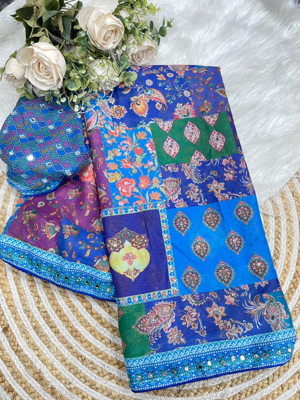 Scrupulous Function Wear Silk Floral Print Original Mirror Work Designer Saree For Women