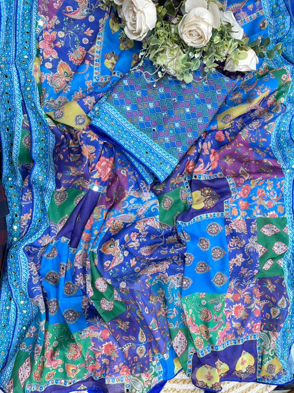 Scrupulous Function Wear Silk Floral Print Original Mirror Work Designer Saree For Women