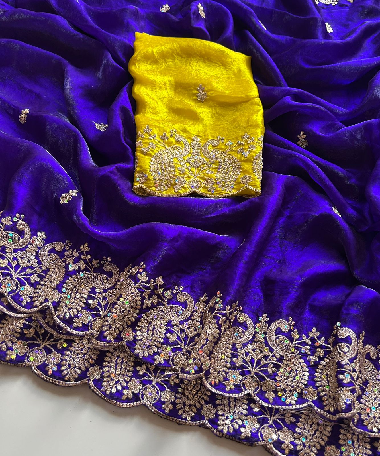 Whimsical Wedding Wear Satin Silk Sequence Work Designer Saree With Contrast Blouse Piece