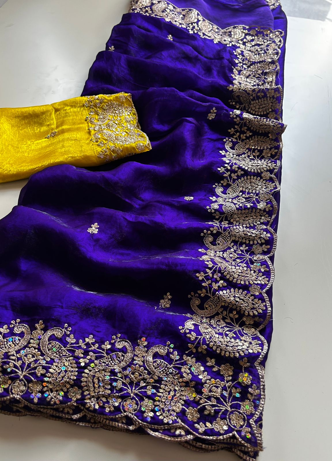 Whimsical Wedding Wear Satin Silk Sequence Work Designer Saree With Contrast Blouse Piece