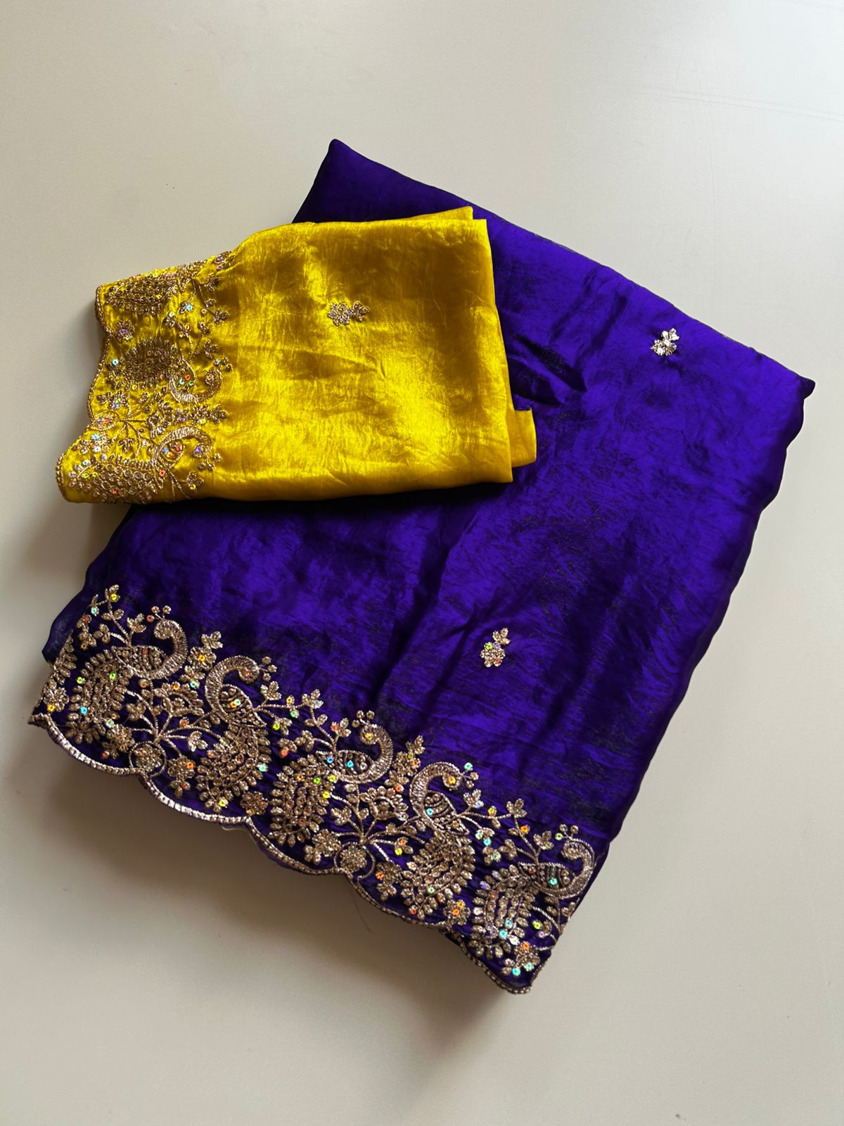 Whimsical Wedding Wear Satin Silk Sequence Work Designer Saree With Contrast Blouse Piece