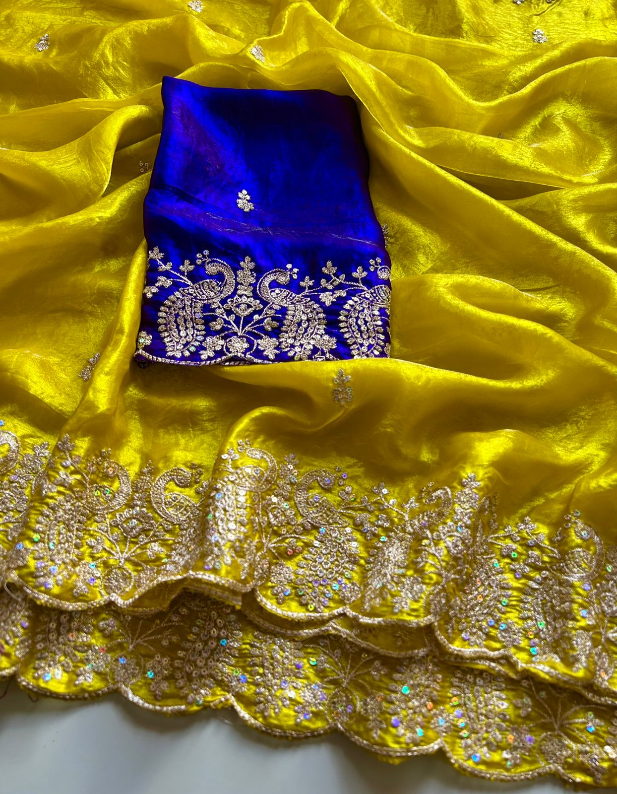 Whimsical Wedding Wear Satin Silk Sequence Work Designer Saree With Contrast Blouse Piece
