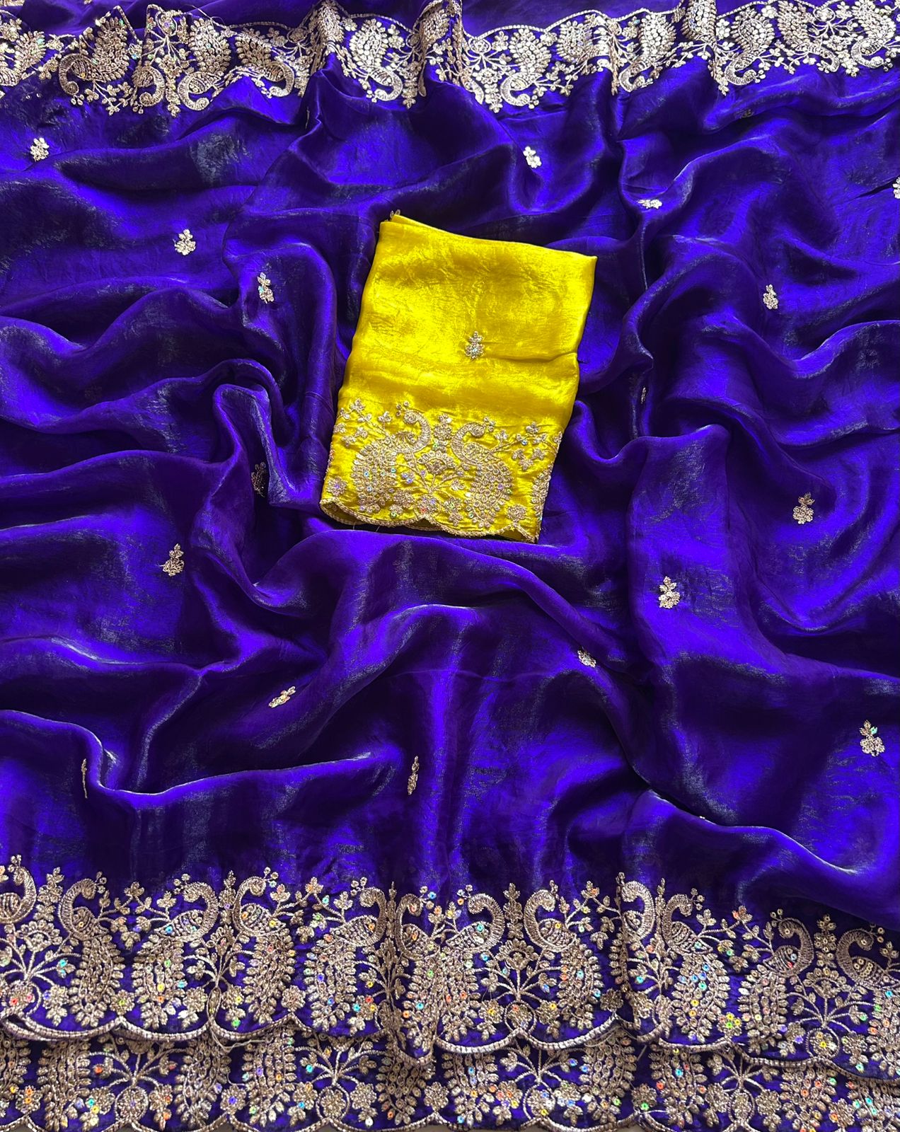 Whimsical Wedding Wear Satin Silk Sequence Work Designer Saree With Contrast Blouse Piece