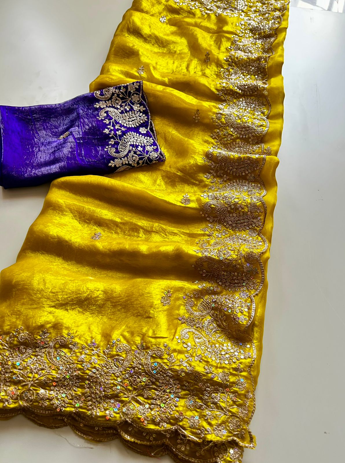 Whimsical Wedding Wear Satin Silk Sequence Work Designer Saree With Contrast Blouse Piece