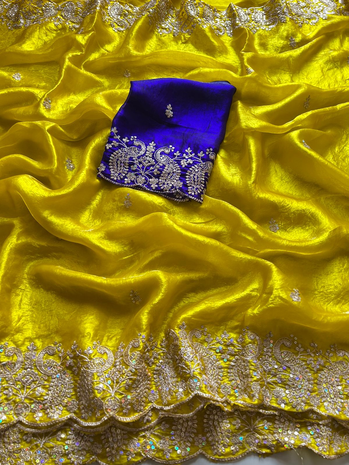 Whimsical Wedding Wear Satin Silk Sequence Work Designer Saree With Contrast Blouse Piece