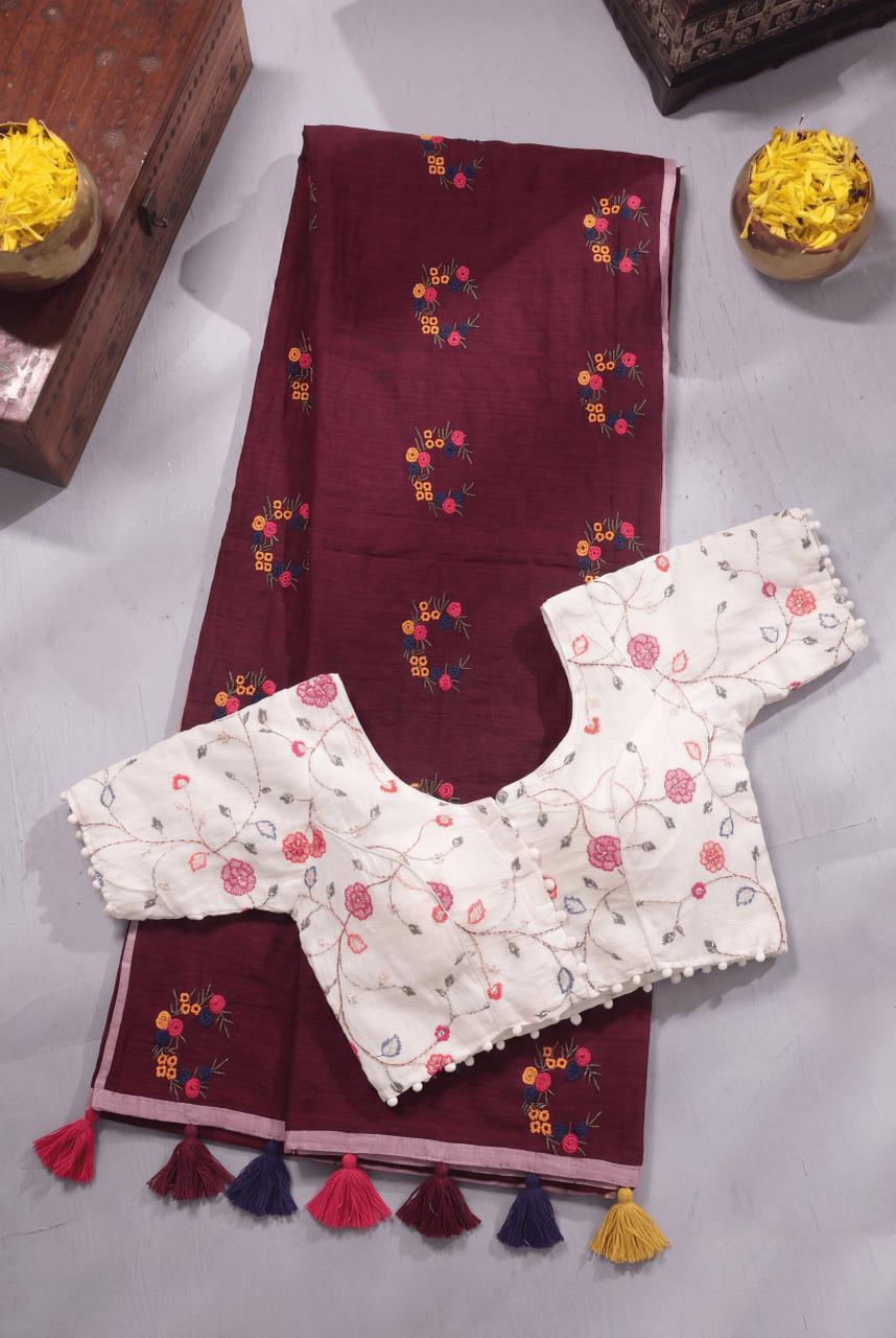 Effervescent Function Wear Soft Chanderi Cotton Silk Flower Design Embroidery Work Fancy Saree With Stitched Blouse