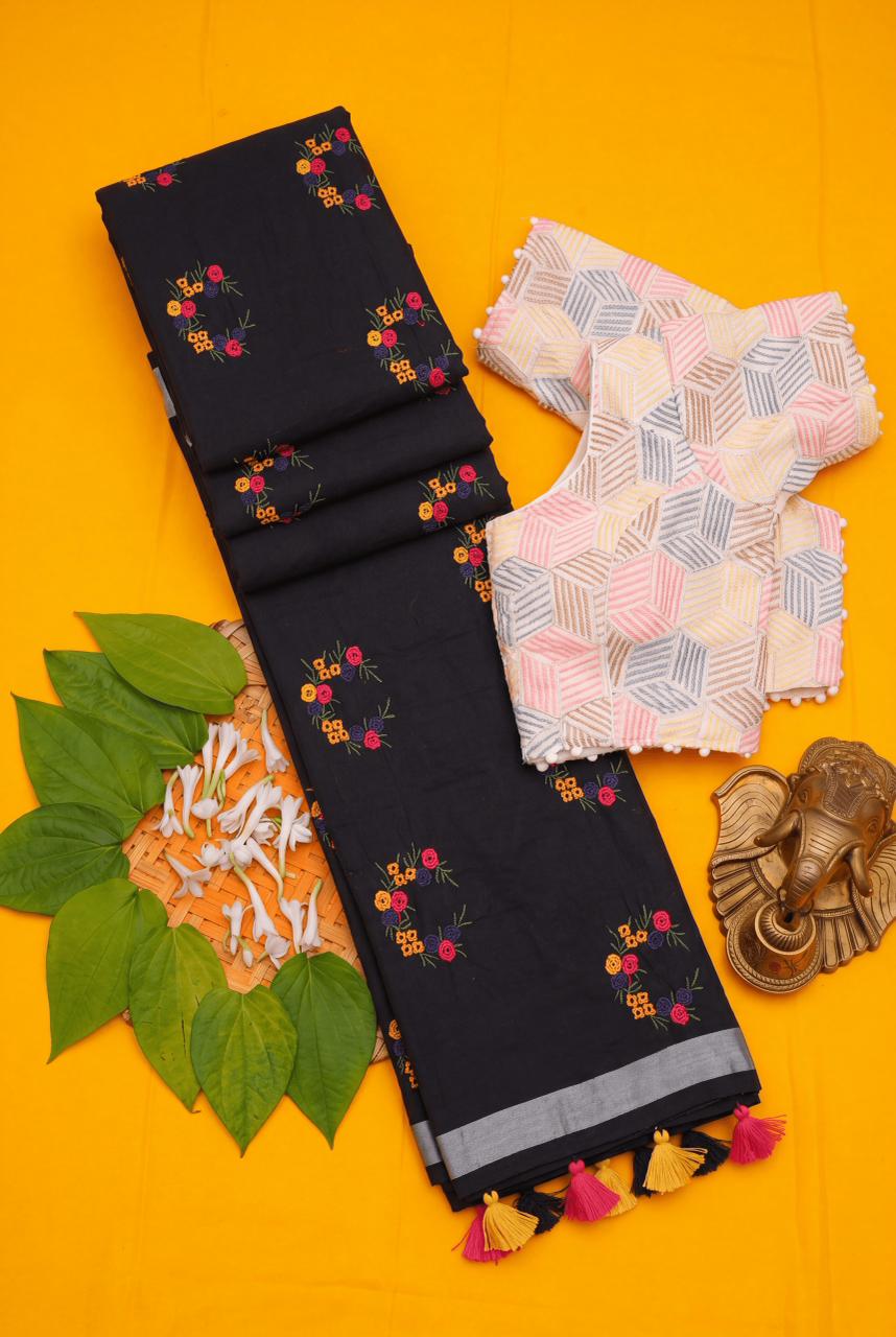 Effervescent Function Wear Soft Chanderi Cotton Silk Flower Design Embroidery Work Fancy Saree With Stitched Blouse
