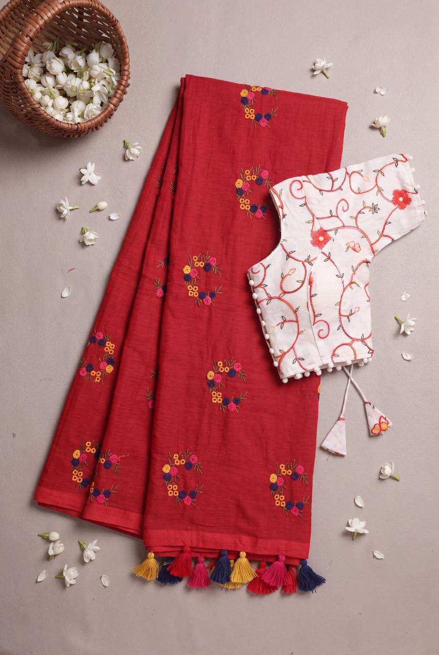 Effervescent Function Wear Soft Chanderi Cotton Silk Flower Design Embroidery Work Fancy Saree With Stitched Blouse