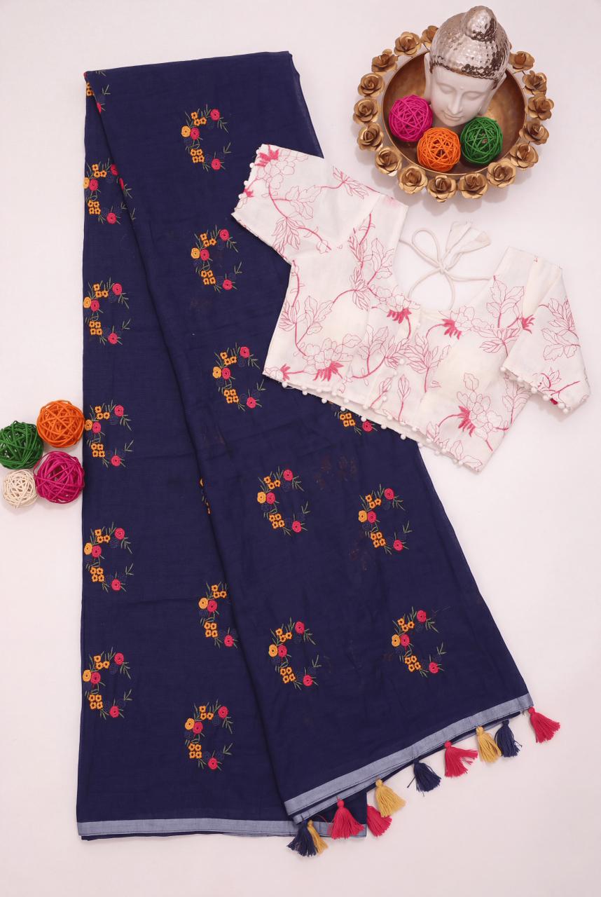 Effervescent Function Wear Soft Chanderi Cotton Silk Flower Design Embroidery Work Fancy Saree With Stitched Blouse