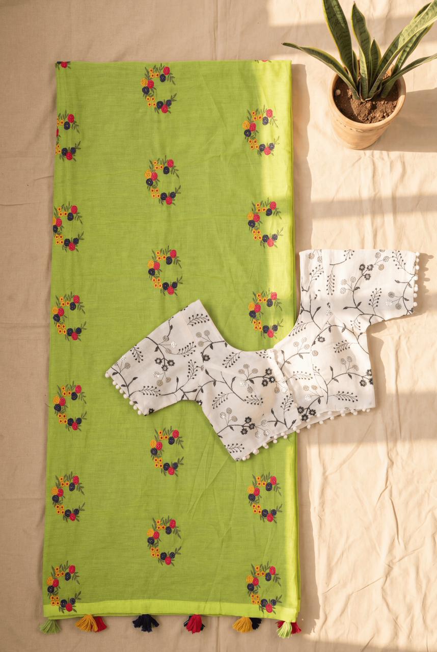 Effervescent Function Wear Soft Chanderi Cotton Silk Flower Design Embroidery Work Fancy Saree With Stitched Blouse