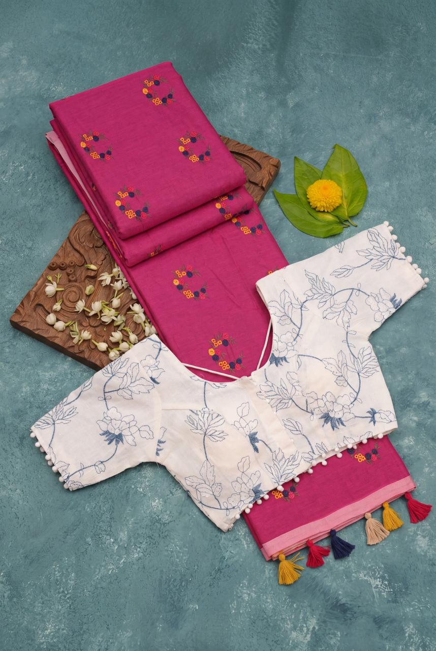 Effervescent Function Wear Soft Chanderi Cotton Silk Flower Design Embroidery Work Fancy Saree With Stitched Blouse