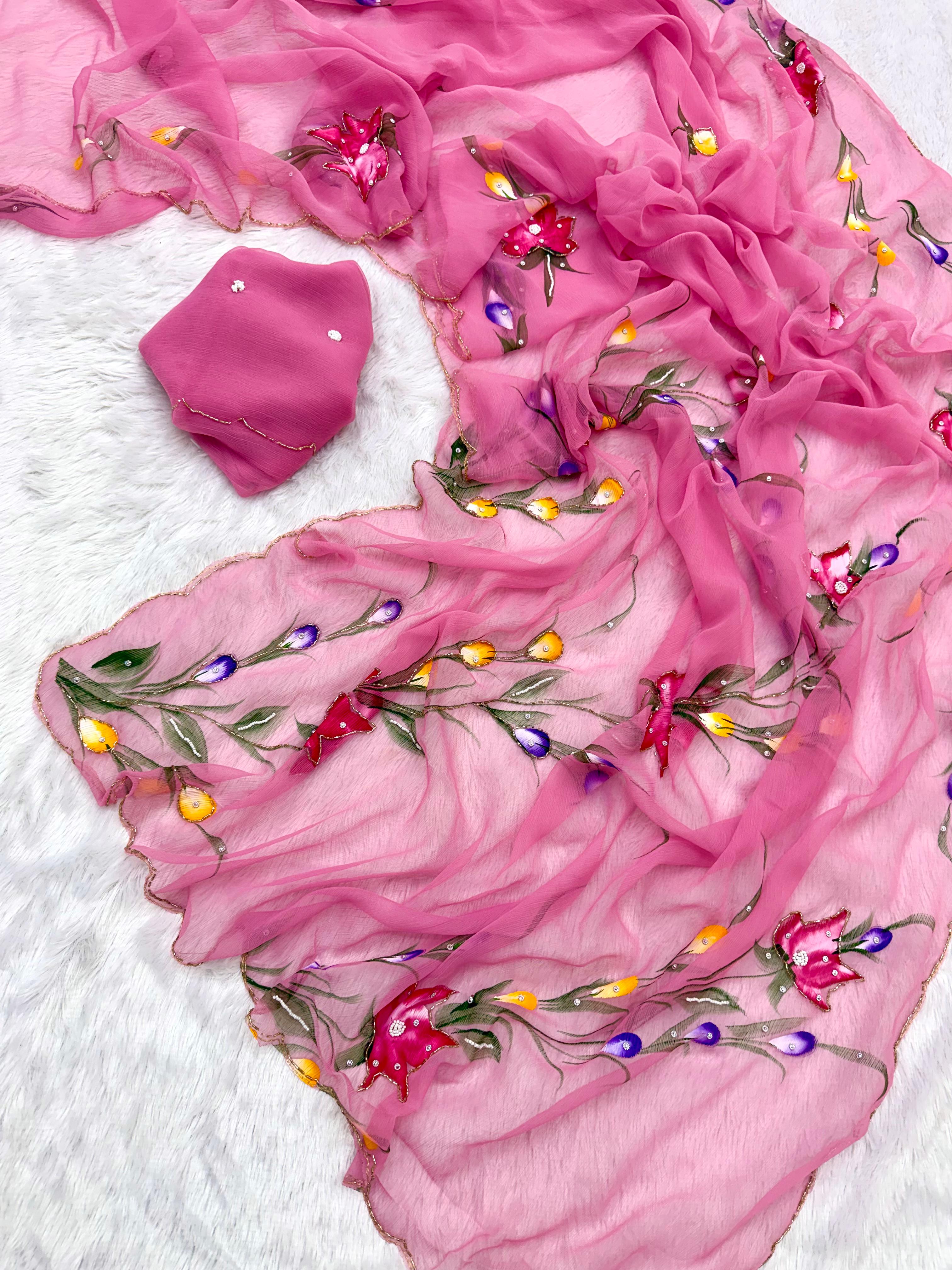 Divine Function Wear Soft Pure Chiffon Handbrush Flower n Handwork Designer Saree With Blouse Piece
