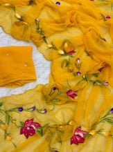 Load image into Gallery viewer, Divine Function Wear Soft Pure Chiffon Handbrush Flower n Handwork Designer Saree With Blouse Piece
