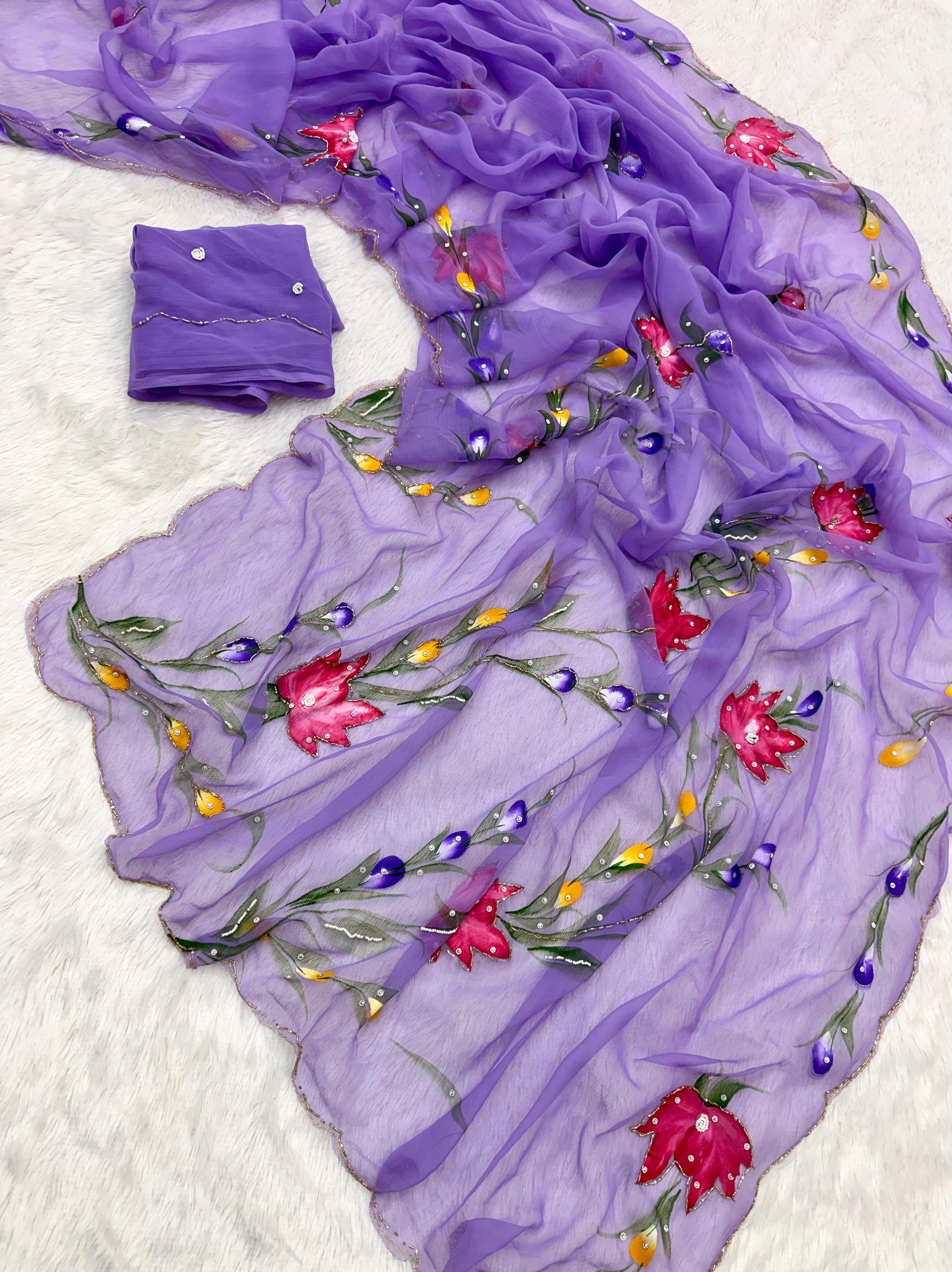 Divine Function Wear Soft Pure Chiffon Handbrush Flower n Handwork Designer Saree With Blouse Piece