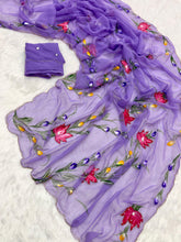 Load image into Gallery viewer, Divine Function Wear Soft Pure Chiffon Handbrush Flower n Handwork Designer Saree With Blouse Piece
