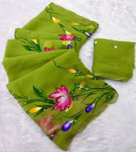 Load image into Gallery viewer, Divine Function Wear Soft Pure Chiffon Handbrush Flower n Handwork Designer Saree With Blouse Piece
