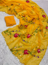 Load image into Gallery viewer, Divine Function Wear Soft Pure Chiffon Handbrush Flower n Handwork Designer Saree With Blouse Piece
