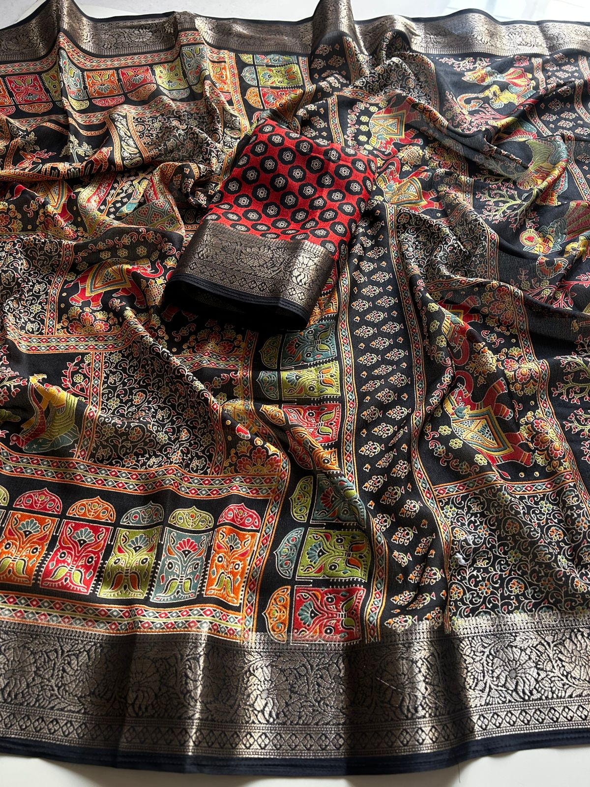 Desiring Function Wear Pure Soft Dola Silk Print n Jacquard Border Fancy Saree With Blissful Blouse Piece