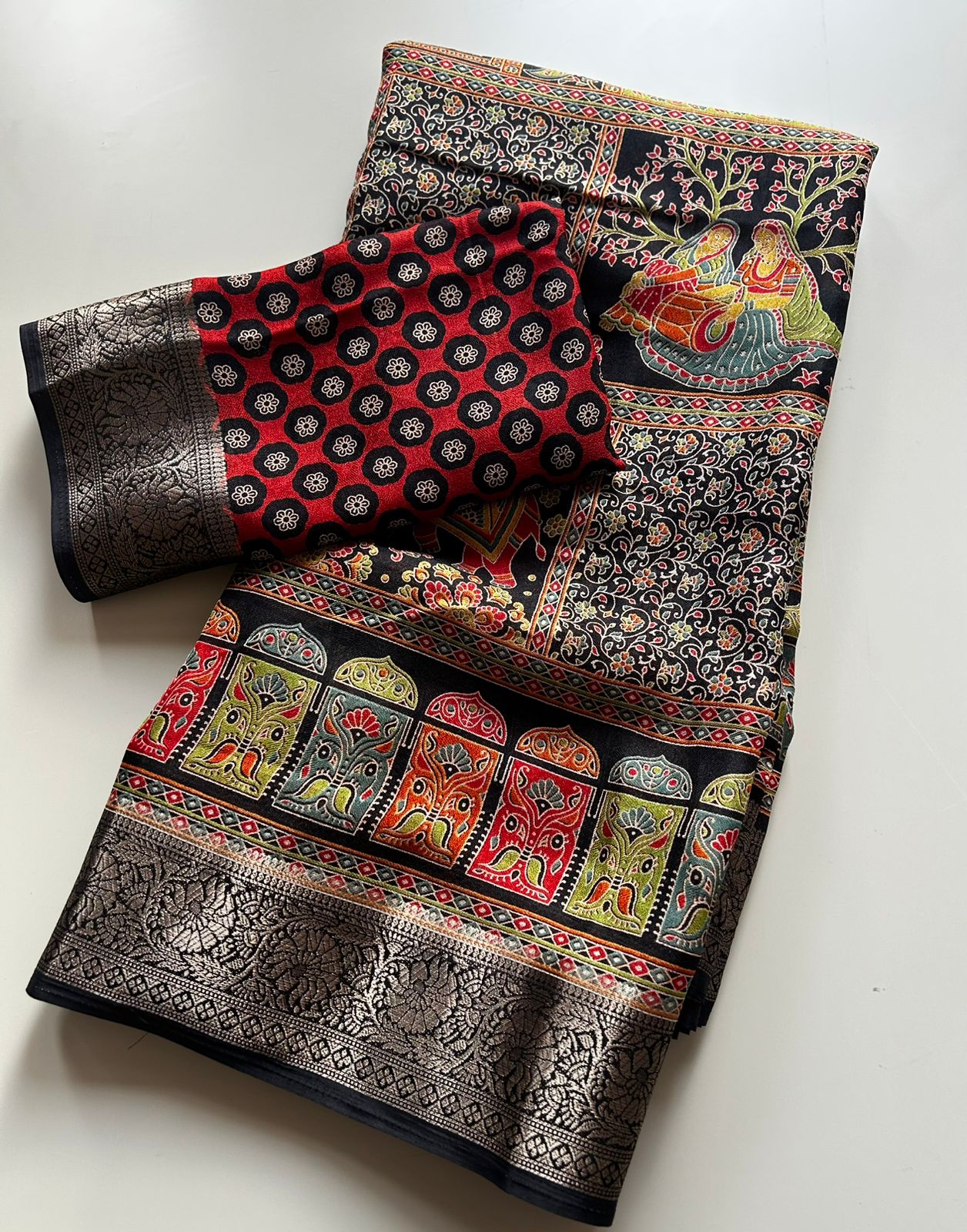 Desiring Function Wear Pure Soft Dola Silk Print n Jacquard Border Fancy Saree With Blissful Blouse Piece