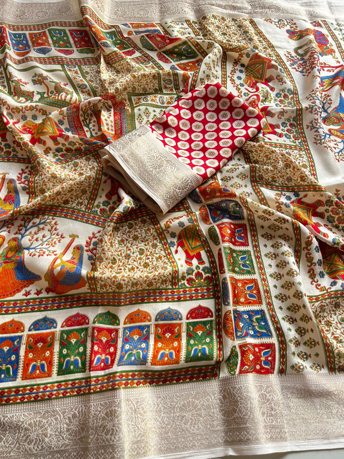 Desiring Function Wear Pure Soft Dola Silk Print n Jacquard Border Fancy Saree With Blissful Blouse Piece