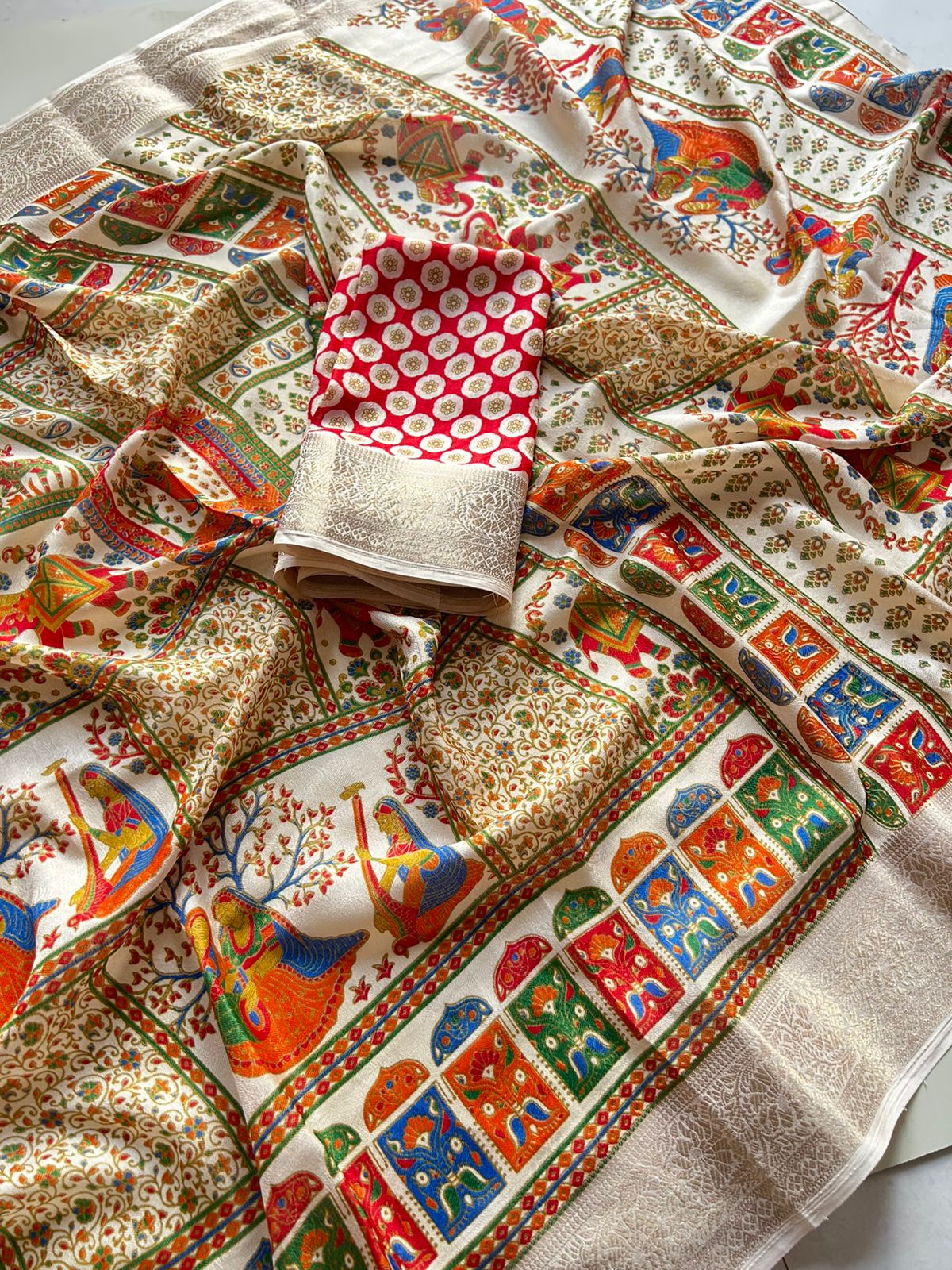 Desiring Function Wear Pure Soft Dola Silk Print n Jacquard Border Fancy Saree With Blissful Blouse Piece