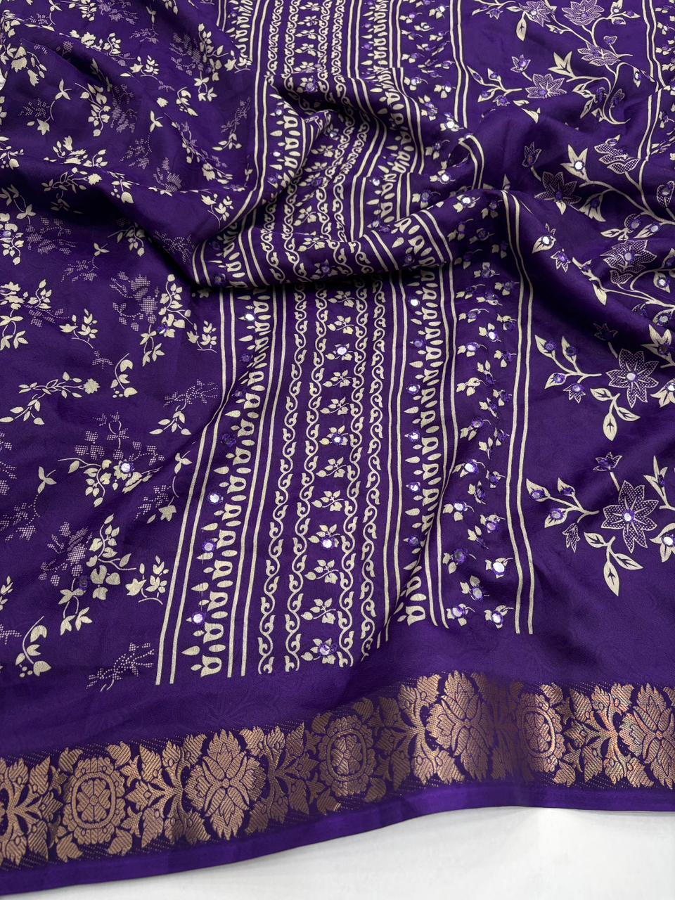 Contemporary Function Wear Silk Printed Rich Pallu n Mirror Work Designer Saree With Blouse Piece
