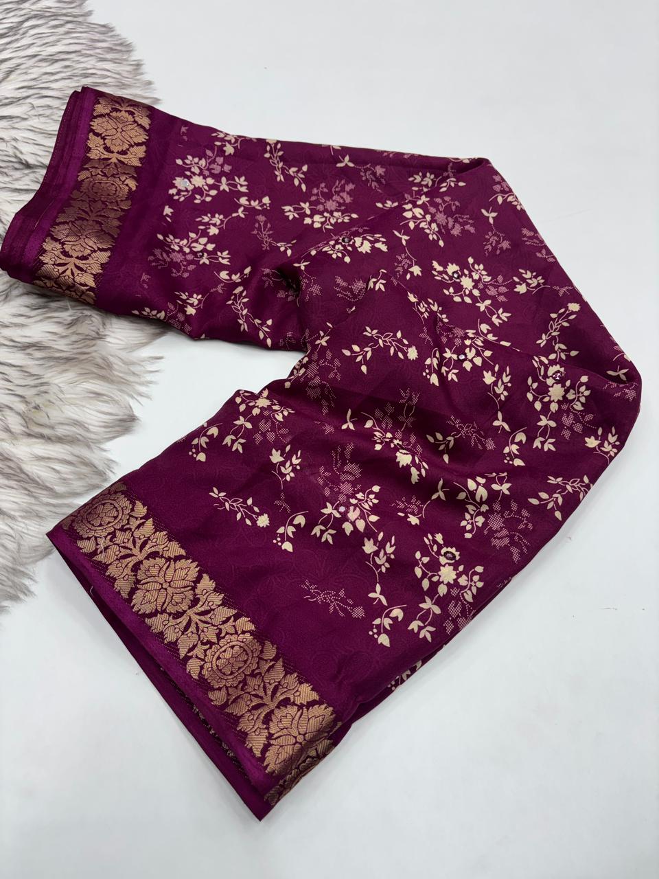 Contemporary Function Wear Silk Printed Rich Pallu n Mirror Work Designer Saree With Blouse Piece