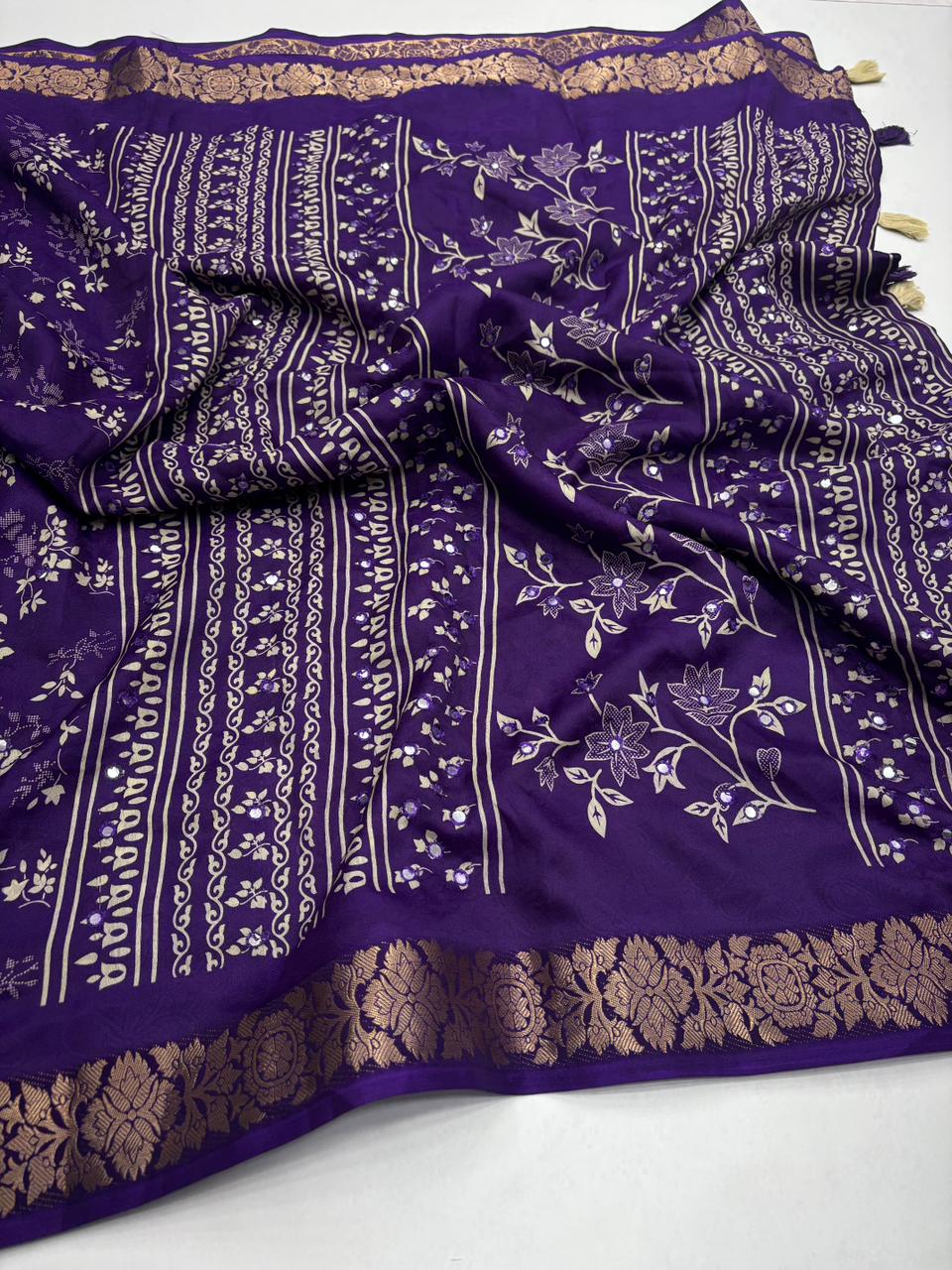 Contemporary Function Wear Silk Printed Rich Pallu n Mirror Work Designer Saree With Blouse Piece
