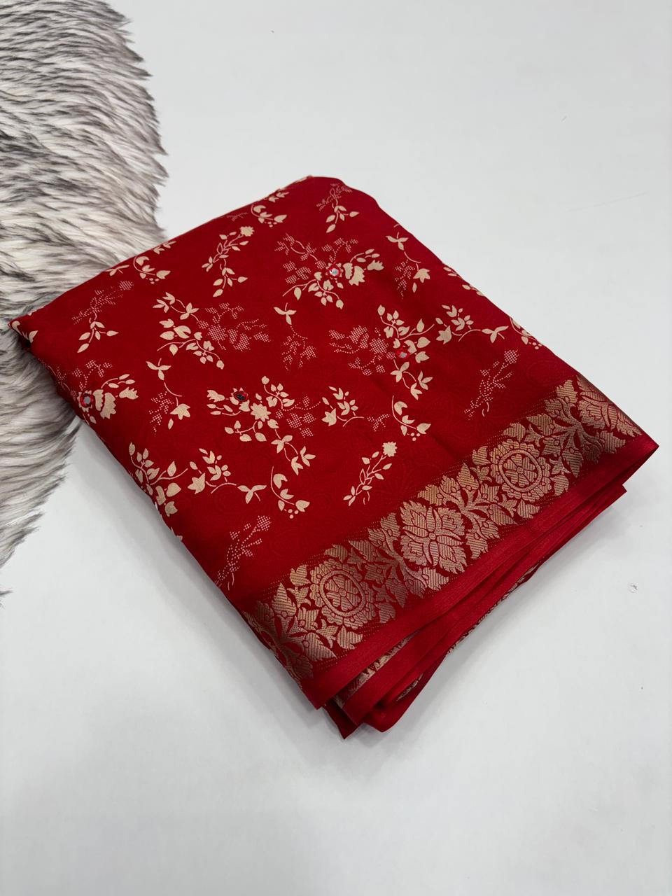 Contemporary Function Wear Silk Printed Rich Pallu n Mirror Work Designer Saree With Blouse Piece