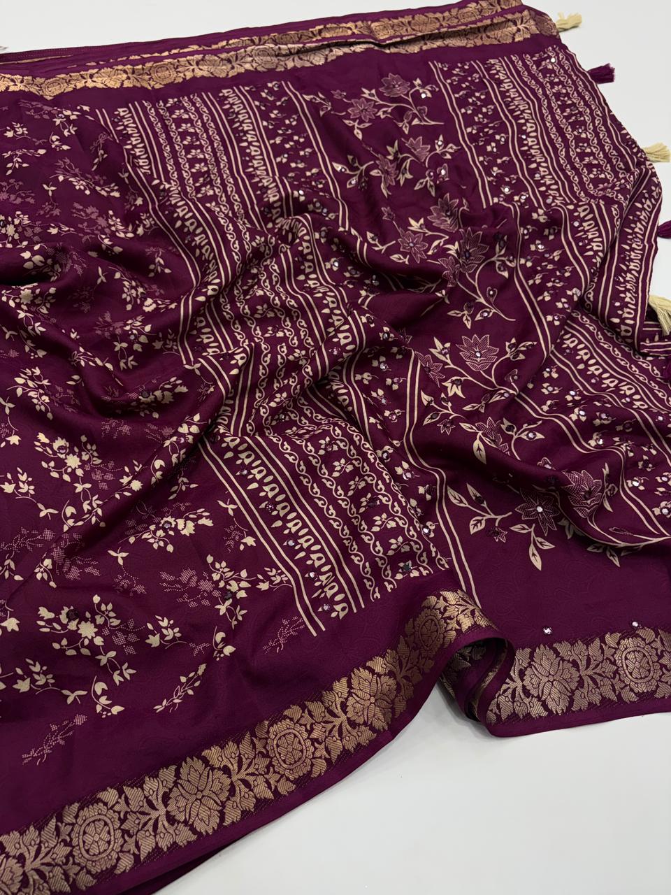 Contemporary Function Wear Silk Printed Rich Pallu n Mirror Work Designer Saree With Blouse Piece