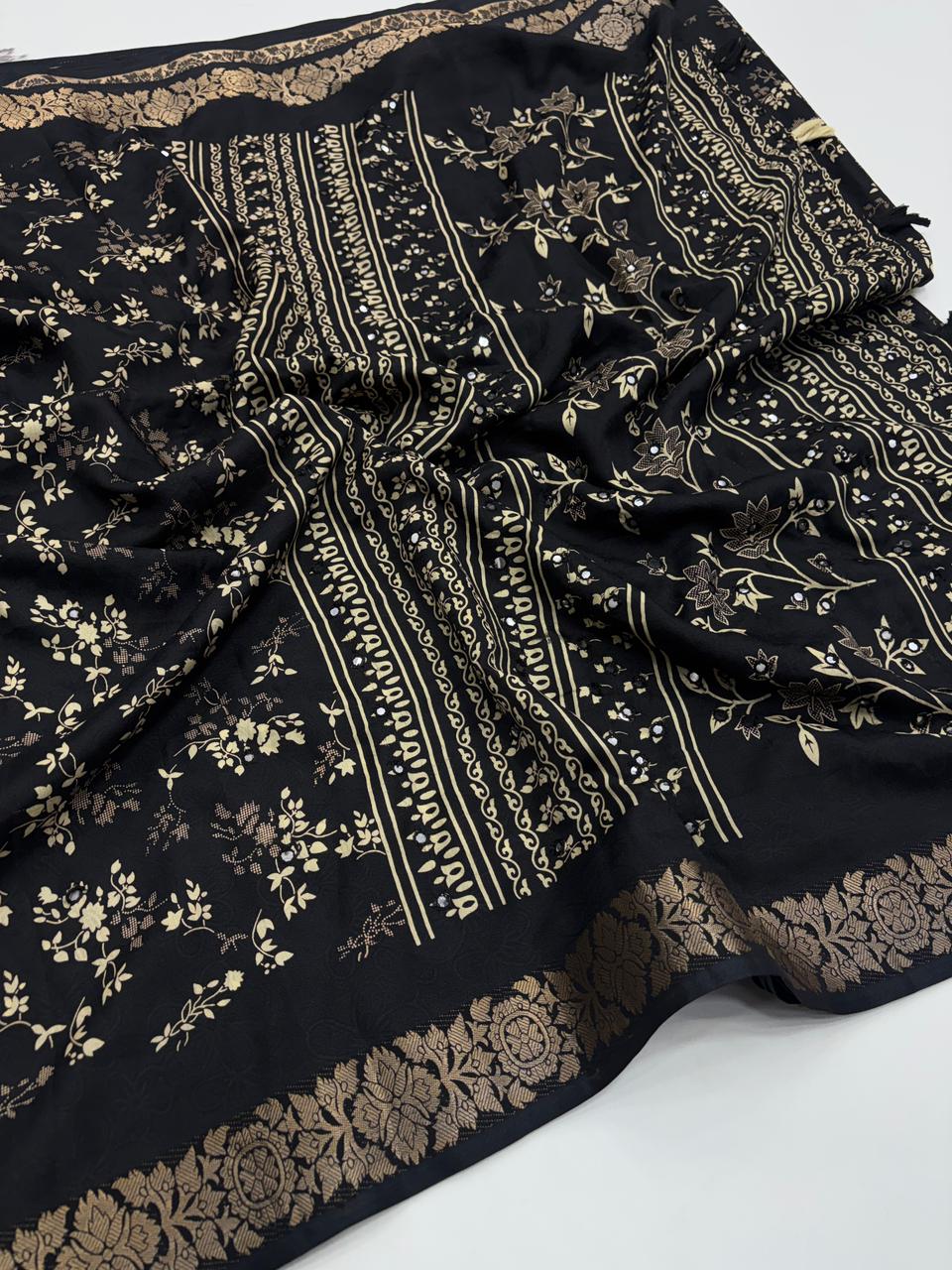 Contemporary Function Wear Silk Printed Rich Pallu n Mirror Work Designer Saree With Blouse Piece