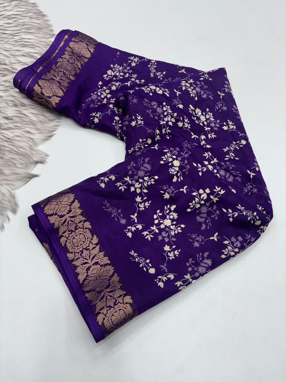 Contemporary Function Wear Silk Printed Rich Pallu n Mirror Work Designer Saree With Blouse Piece