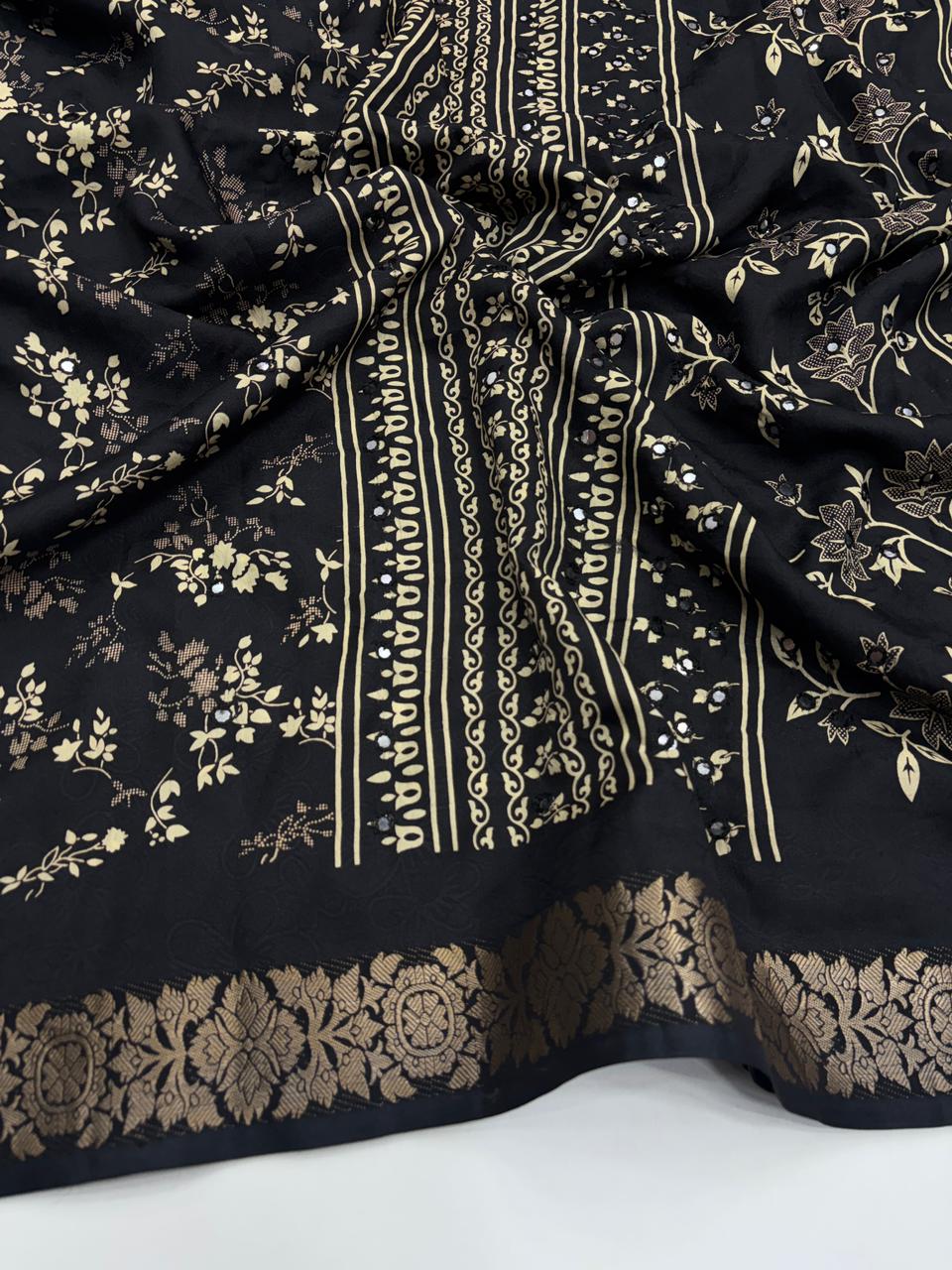 Contemporary Function Wear Silk Printed Rich Pallu n Mirror Work Designer Saree With Blouse Piece