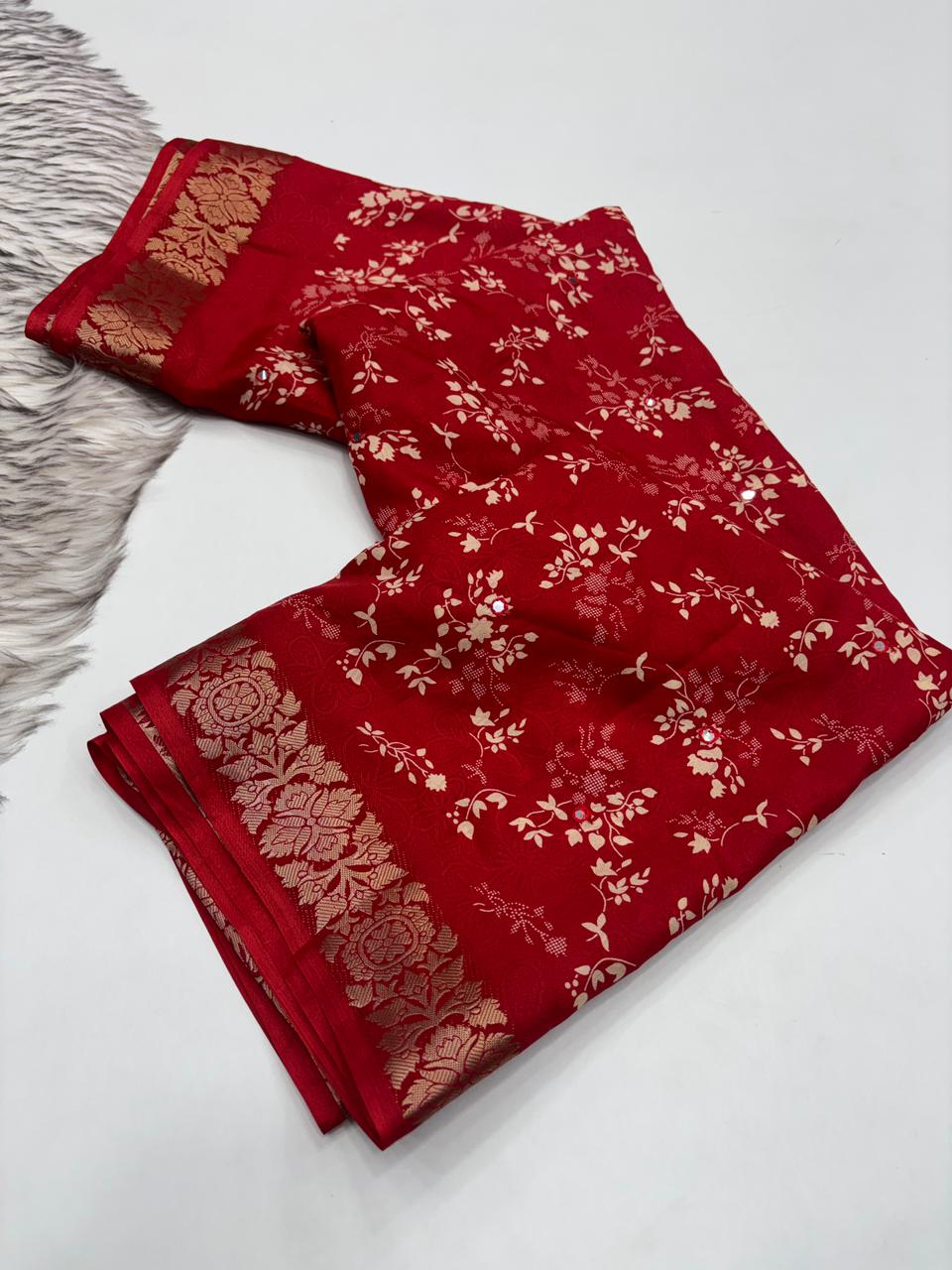 Contemporary Function Wear Silk Printed Rich Pallu n Mirror Work Designer Saree With Blouse Piece
