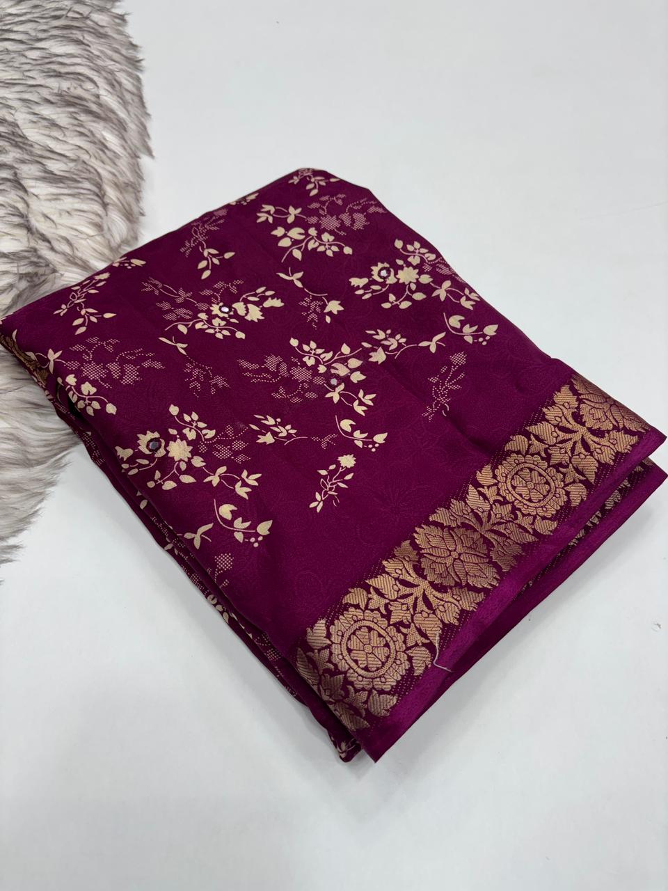 Contemporary Function Wear Silk Printed Rich Pallu n Mirror Work Designer Saree With Blouse Piece
