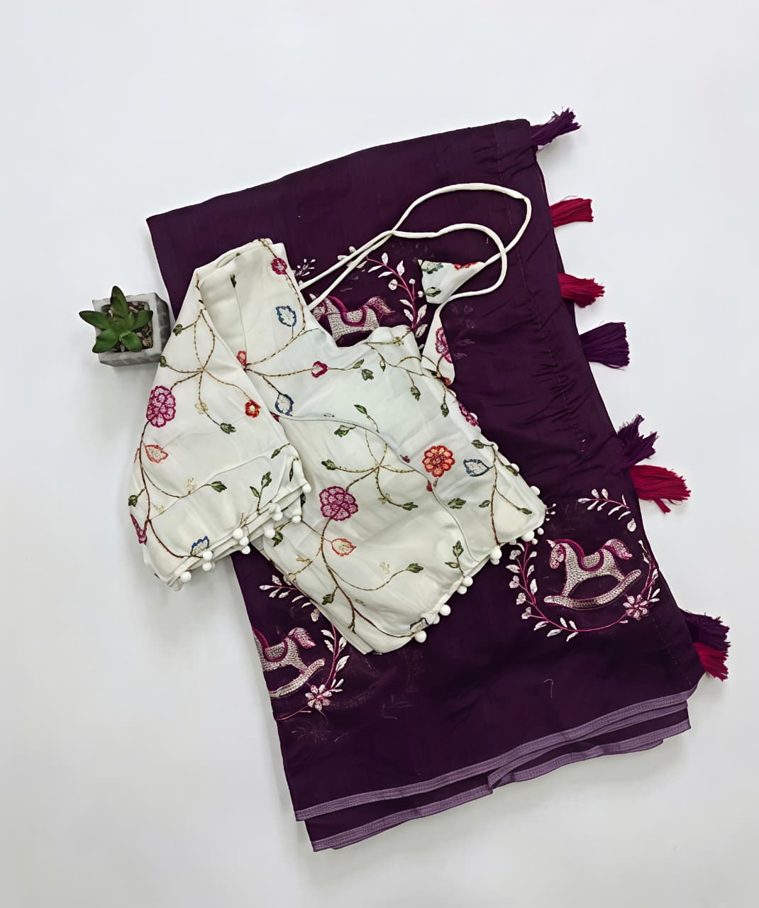 Heritage Festive Wear Chanderi Cotton Embroidery n Tussels Work Fancy Saree With Stitched Blouse