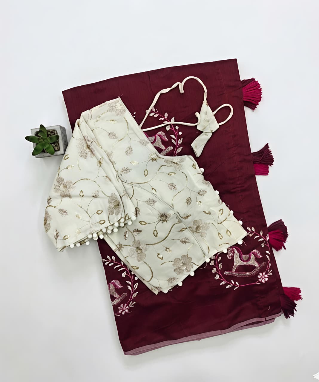 Heritage Festive Wear Chanderi Cotton Embroidery n Tussels Work Fancy Saree With Stitched Blouse