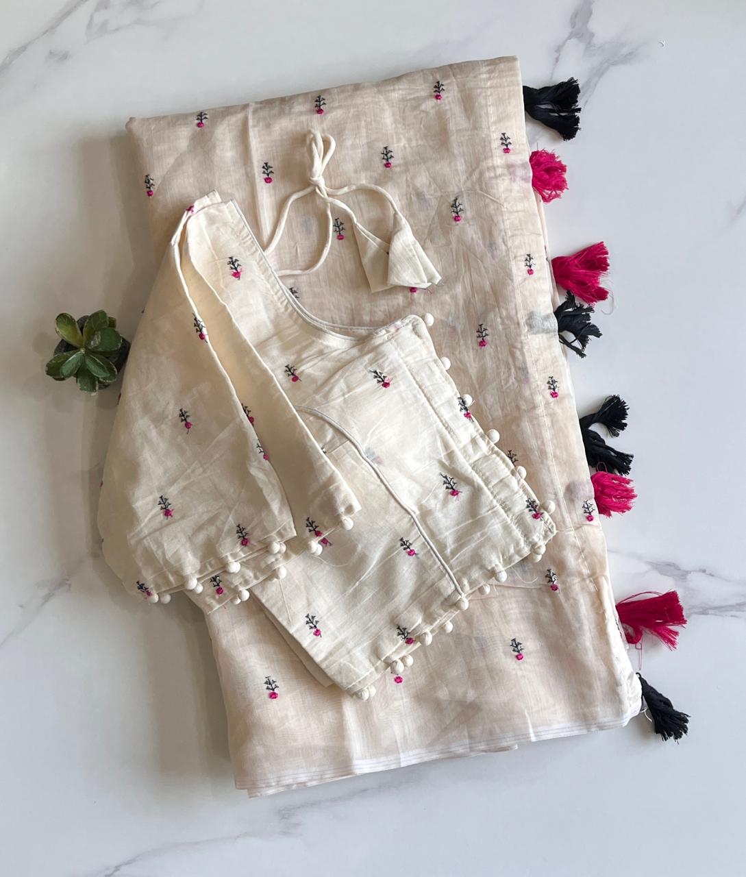 Desiring Function Wear Chanderi Cotton Embroidery n Tussels Work Designer Saree With Stitched Blouse