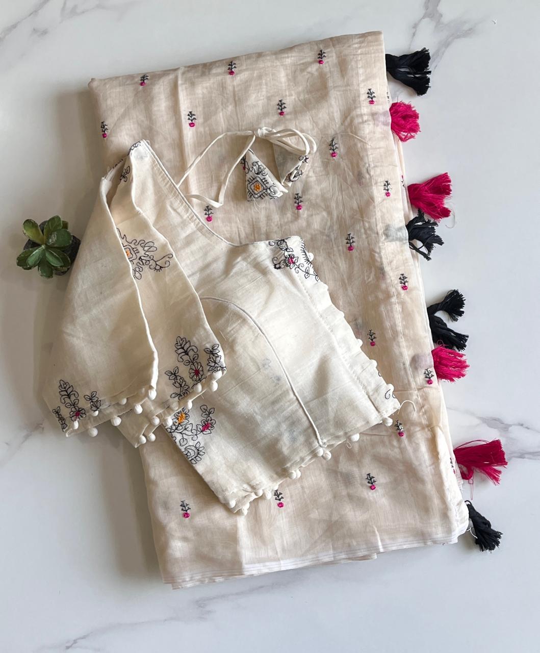 Desiring Function Wear Chanderi Cotton Embroidery n Tussels Work Designer Saree With Stitched Blouse