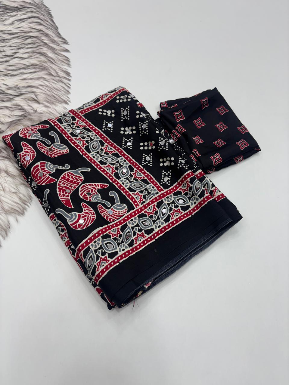 Lassitude Function Wear Pure Satin Silk Ajrak Printed Rich Pallu n Mirror Work Fancy Saree With Blissful Blouse Piece