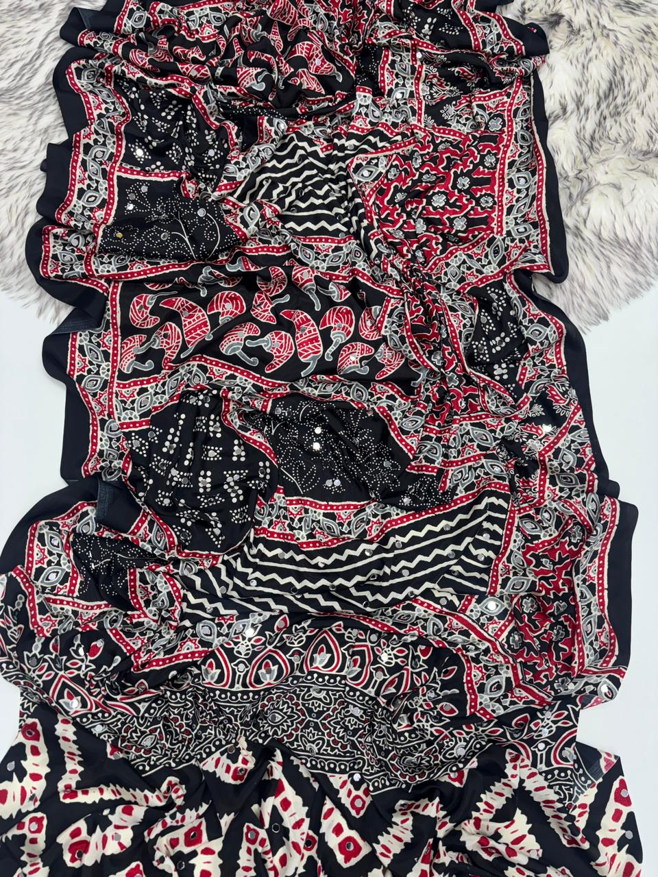 Lassitude Function Wear Pure Satin Silk Ajrak Printed Rich Pallu n Mirror Work Fancy Saree With Blissful Blouse Piece