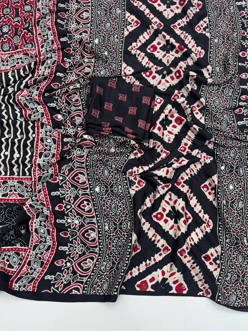 Lassitude Function Wear Pure Satin Silk Ajrak Printed Rich Pallu n Mirror Work Fancy Saree With Blissful Blouse Piece