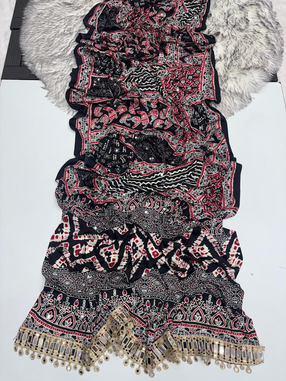 Lassitude Function Wear Pure Satin Silk Ajrak Printed Rich Pallu n Mirror Work Fancy Saree With Blissful Blouse Piece