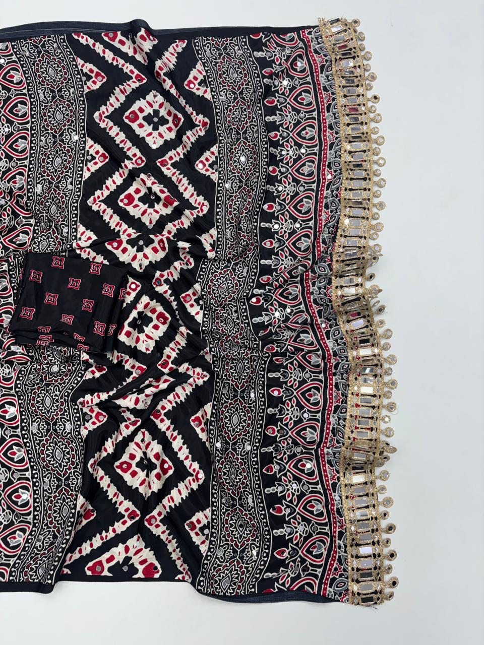 Lassitude Function Wear Pure Satin Silk Ajrak Printed Rich Pallu n Mirror Work Fancy Saree With Blissful Blouse Piece