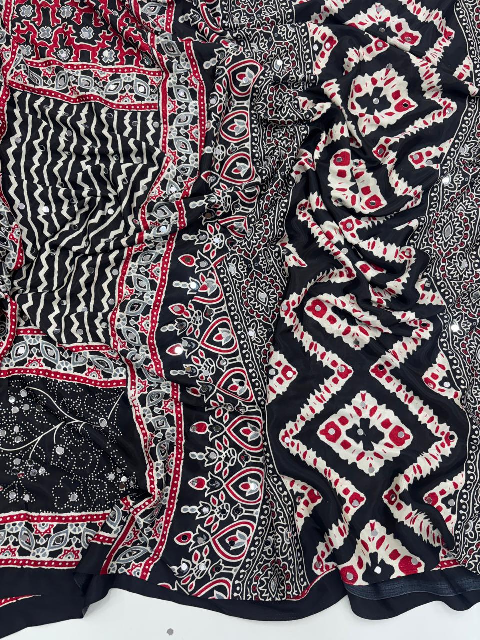 Lassitude Function Wear Pure Satin Silk Ajrak Printed Rich Pallu n Mirror Work Fancy Saree With Blissful Blouse Piece