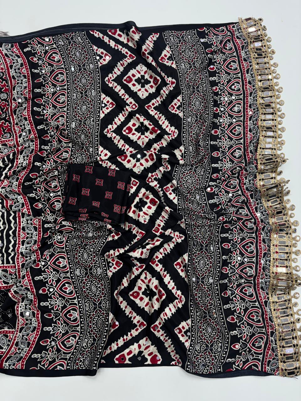 Lassitude Function Wear Pure Satin Silk Ajrak Printed Rich Pallu n Mirror Work Fancy Saree With Blissful Blouse Piece